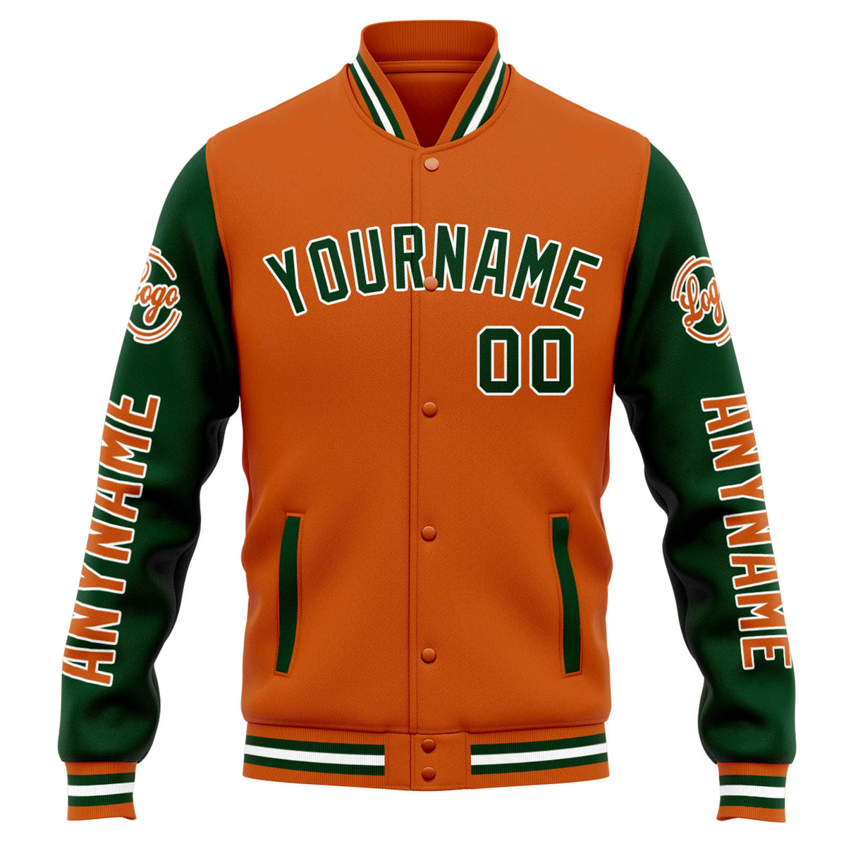 Benutzerdefinierte Varsity-Jacke. Letterman-Jacke für Männer, Frauen und Jugendliche Orange Dunkelgrün