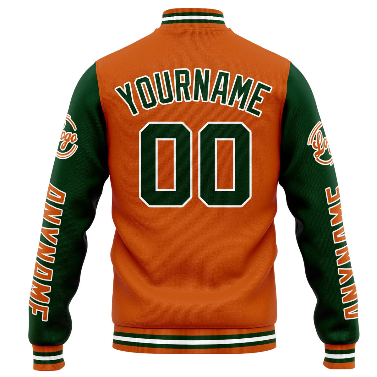 Benutzerdefinierte Varsity-Jacke. Letterman-Jacke für Männer, Frauen und Jugendliche Orange Dunkelgrün