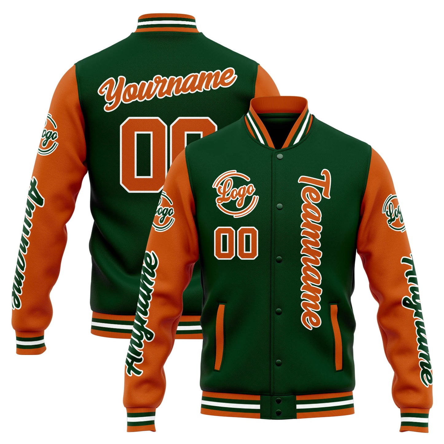 Benutzerdefinierte Varsity-Jacke. Letterman-Jacke für Männer, Frauen und Jugendliche Drak Grün Orange