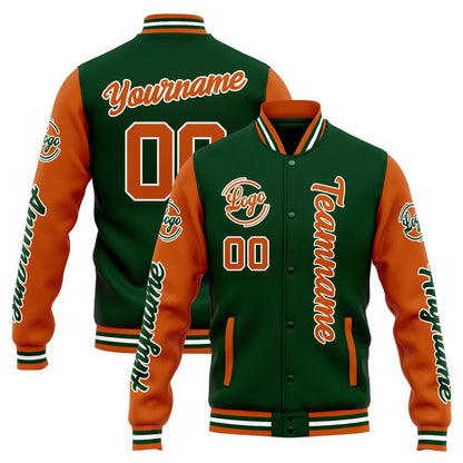 Benutzerdefinierte Varsity-Jacke. Letterman-Jacke für Männer, Frauen und Jugendliche Drak Grün Orange