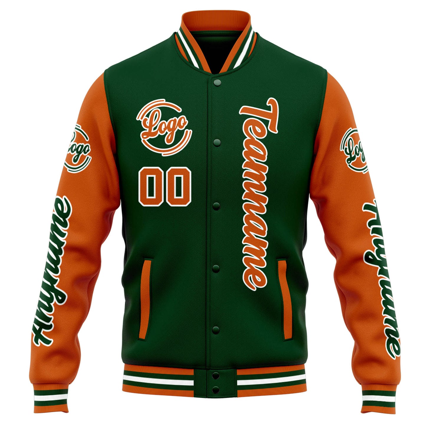 Benutzerdefinierte Varsity-Jacke. Letterman-Jacke für Männer, Frauen und Jugendliche Drak Grün Orange