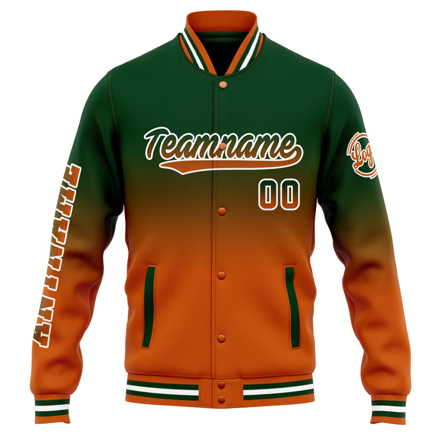 Benutzerdefinierte Varsity-Jacke. Letterman-Jacke für Männer, Frauen und Jugendliche Drak Grün Orange Verlauf