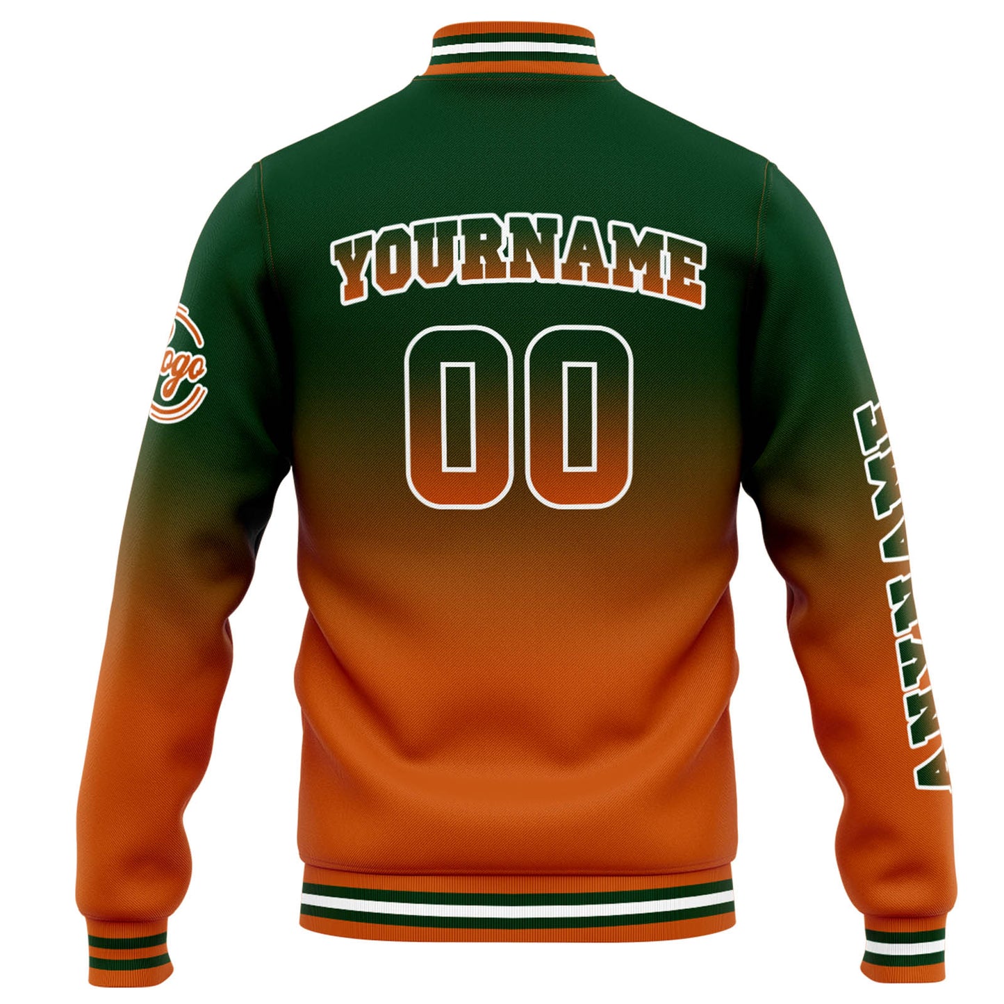 Benutzerdefinierte Varsity-Jacke. Letterman-Jacke für Männer, Frauen und Jugendliche Drak Grün Orange Verlauf