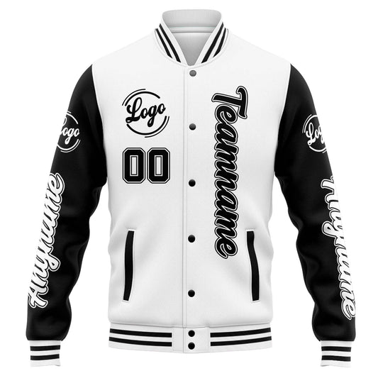 Benutzerdefinierte Varsity-Jacke. Letterman-Jacke für Männer, Frauen und Jugendliche Weiß Schwarz