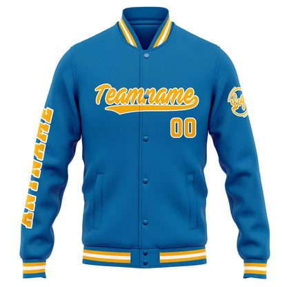Benutzerdefinierte Varsity-Jacke. Letterman-Jacke für Männer, Frauen und Jugendliche Blau Orange