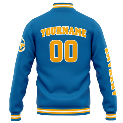 Benutzerdefinierte Varsity-Jacke. Letterman-Jacke für Männer, Frauen und Jugendliche Blau Orange