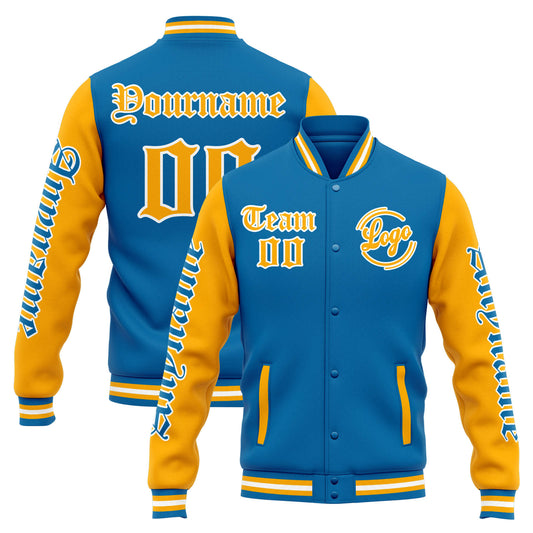 Benutzerdefinierte Varsity-Jacke. Letterman-Jacke für Männer, Frauen und Jugendliche Blau Orange