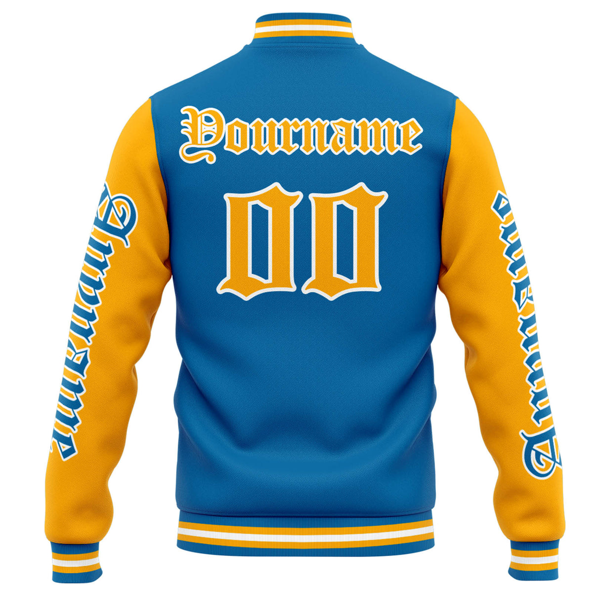 Benutzerdefinierte Varsity-Jacke. Letterman-Jacke für Männer, Frauen und Jugendliche Blau Orange
