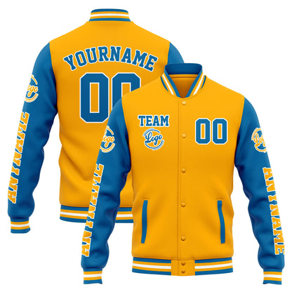 Benutzerdefinierte Varsity-Jacke. Letterman-Jacke für Männer, Frauen und Jugendliche Orange Blau