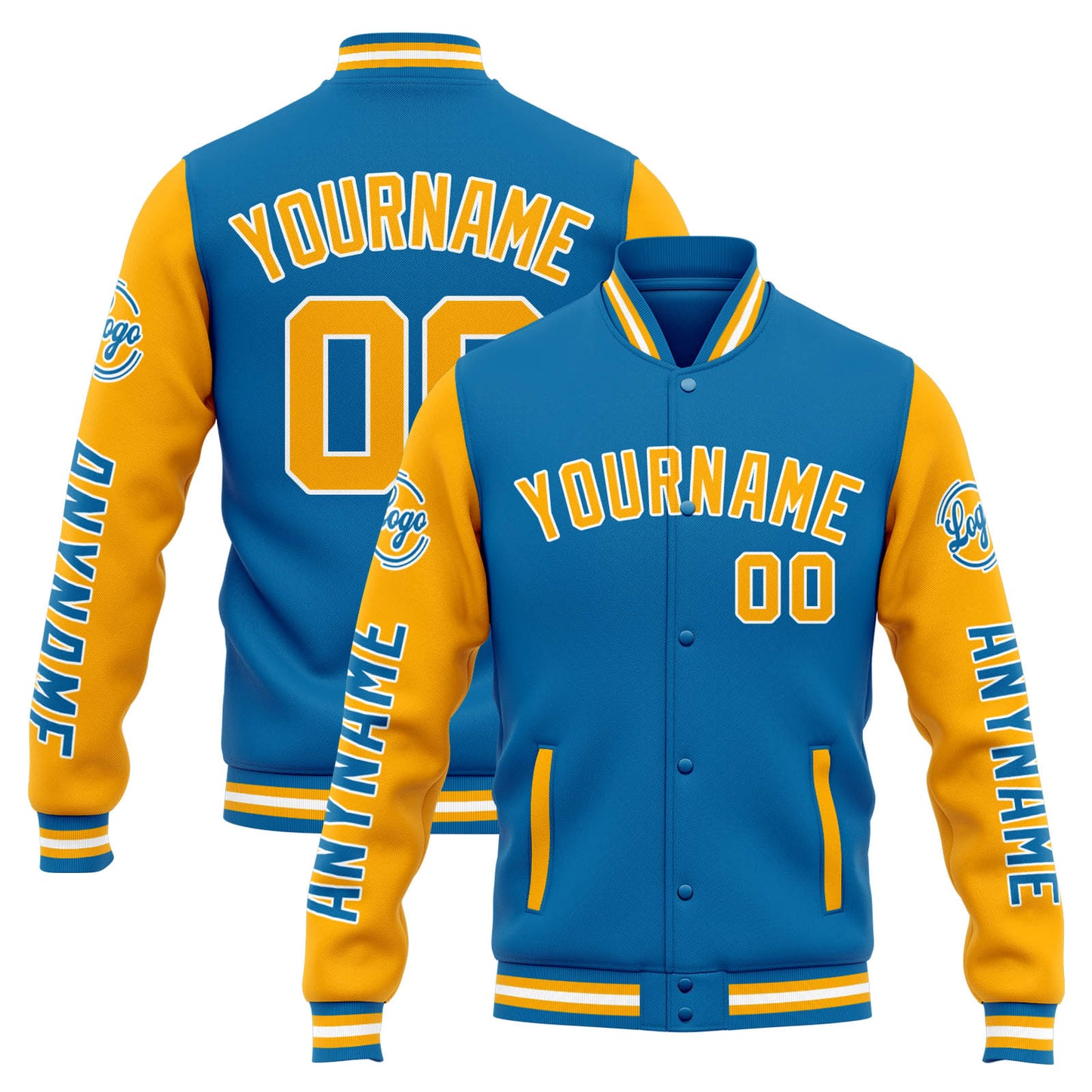 Benutzerdefinierte Varsity-Jacke. Letterman-Jacke für Männer, Frauen und Jugendliche Blau Orange