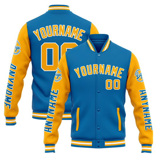 Benutzerdefinierte Varsity-Jacke. Letterman-Jacke für Männer, Frauen und Jugendliche Blau Orange