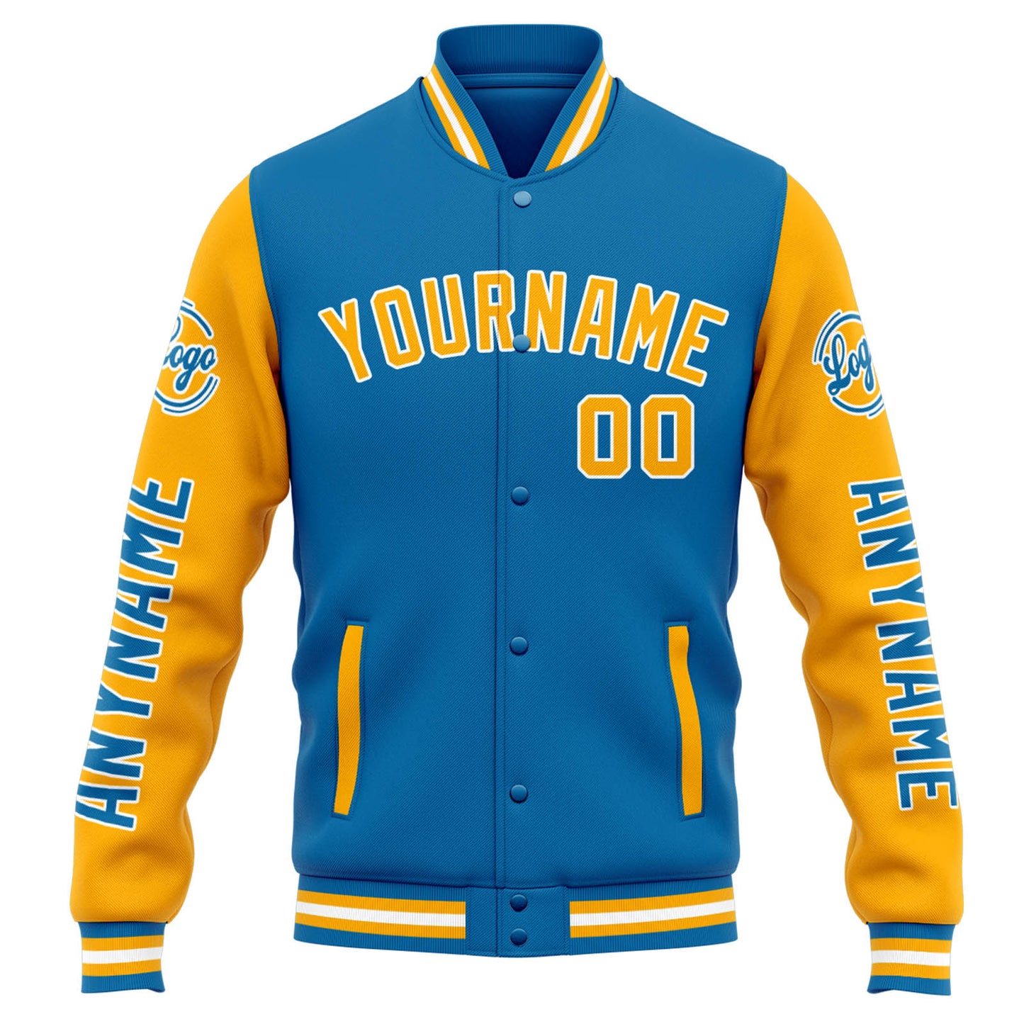Benutzerdefinierte Varsity-Jacke. Letterman-Jacke für Männer, Frauen und Jugendliche Blau Orange