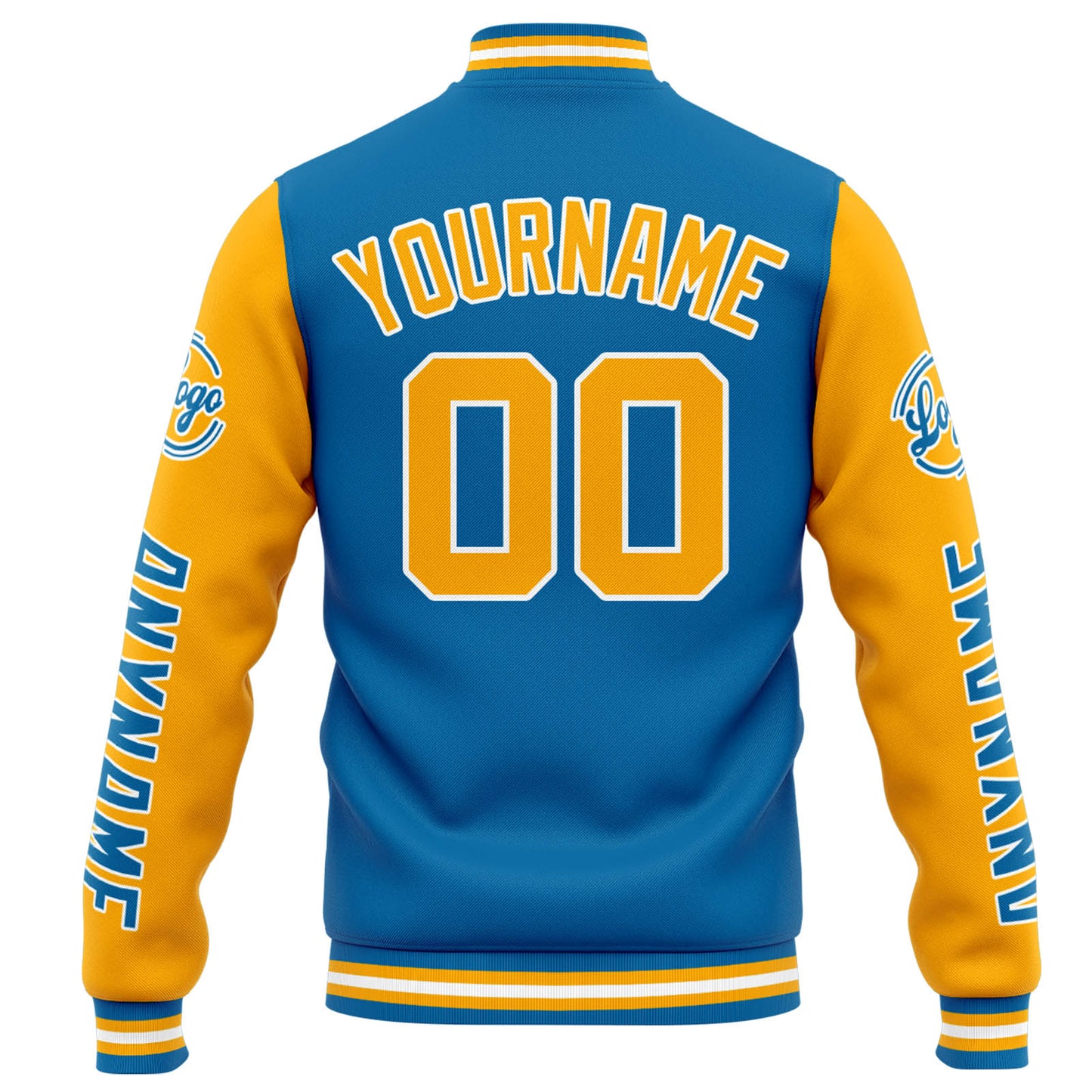 Benutzerdefinierte Varsity-Jacke. Letterman-Jacke für Männer, Frauen und Jugendliche Blau Orange