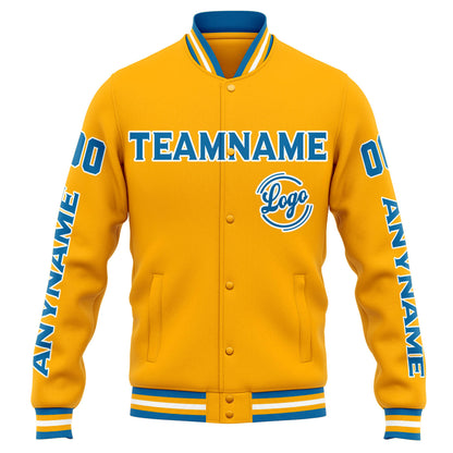 Benutzerdefinierte Varsity-Jacke. Letterman-Jacke für Männer, Frauen und Jugendliche Orange Blau