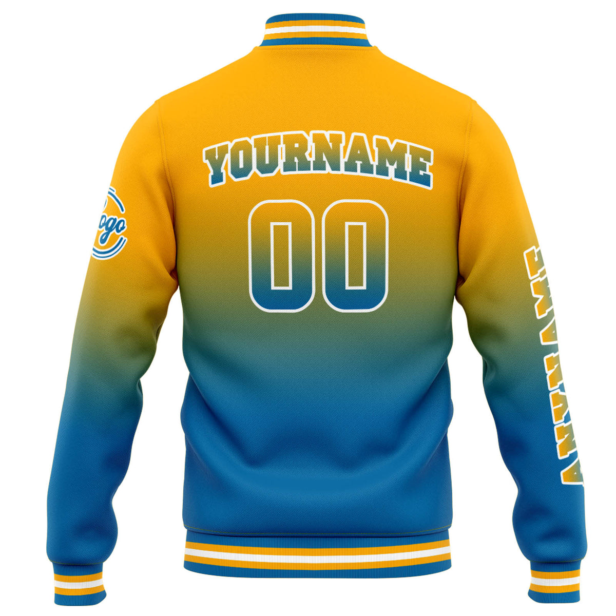 Benutzerdefinierte Varsity-Jacke. Letterman-Jacke für Männer, Frauen und Jugendliche Orange Blau Verlauf