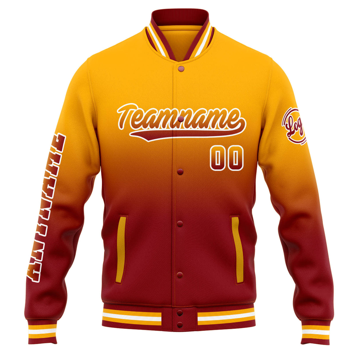 Benutzerdefinierte Varsity-Jacke. Letterman-Jacke für Männer, Frauen und Jugendliche Orange Rot Verlauf