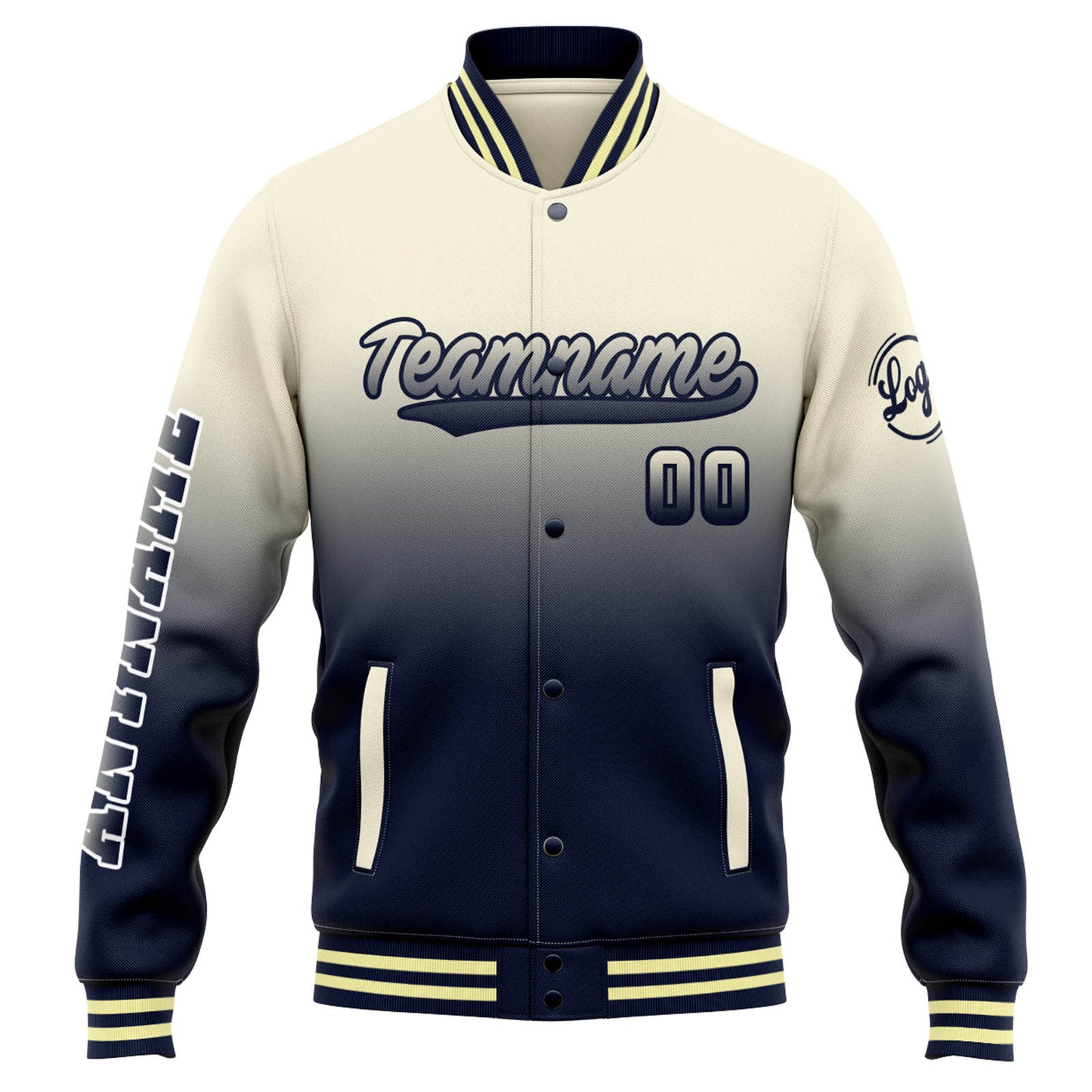 Benutzerdefinierte Varsity-Jacke. Letterman-Jacke für Männer, Frauen und Jugendliche Creme Marine Verlauf