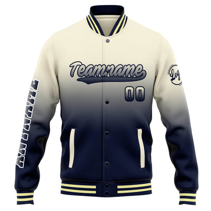 Benutzerdefinierte Varsity-Jacke. Letterman-Jacke für Männer, Frauen und Jugendliche Creme Marine Verlauf