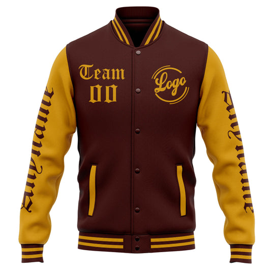 Benutzerdefinierte Varsity-Jacke. Letterman-Jacke für Männer, Frauen und Jugendliche Burgund Gold