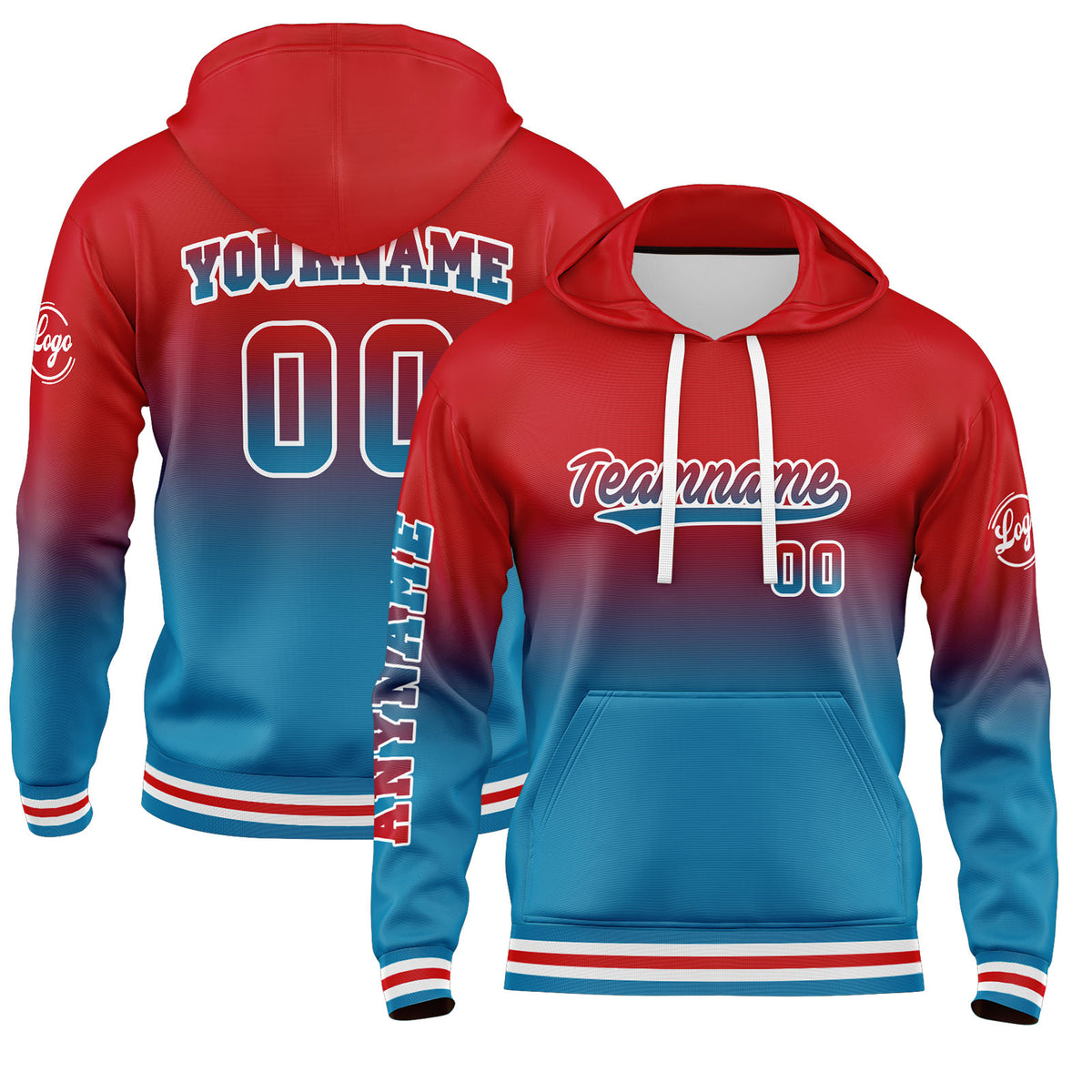 Benutzerdefiniert Blau Rot Hoodie Personalisiert Männer Pullover Hoodie Gedruckt Team Name Number Logo für Frauen