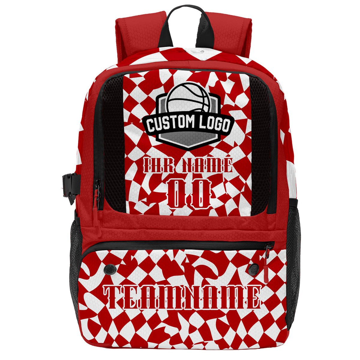 Personalisierter rot - weißer Basketball - Fußballrucksack mit Spielernamen & Nummern und Teamlogo #BP-0919-0033