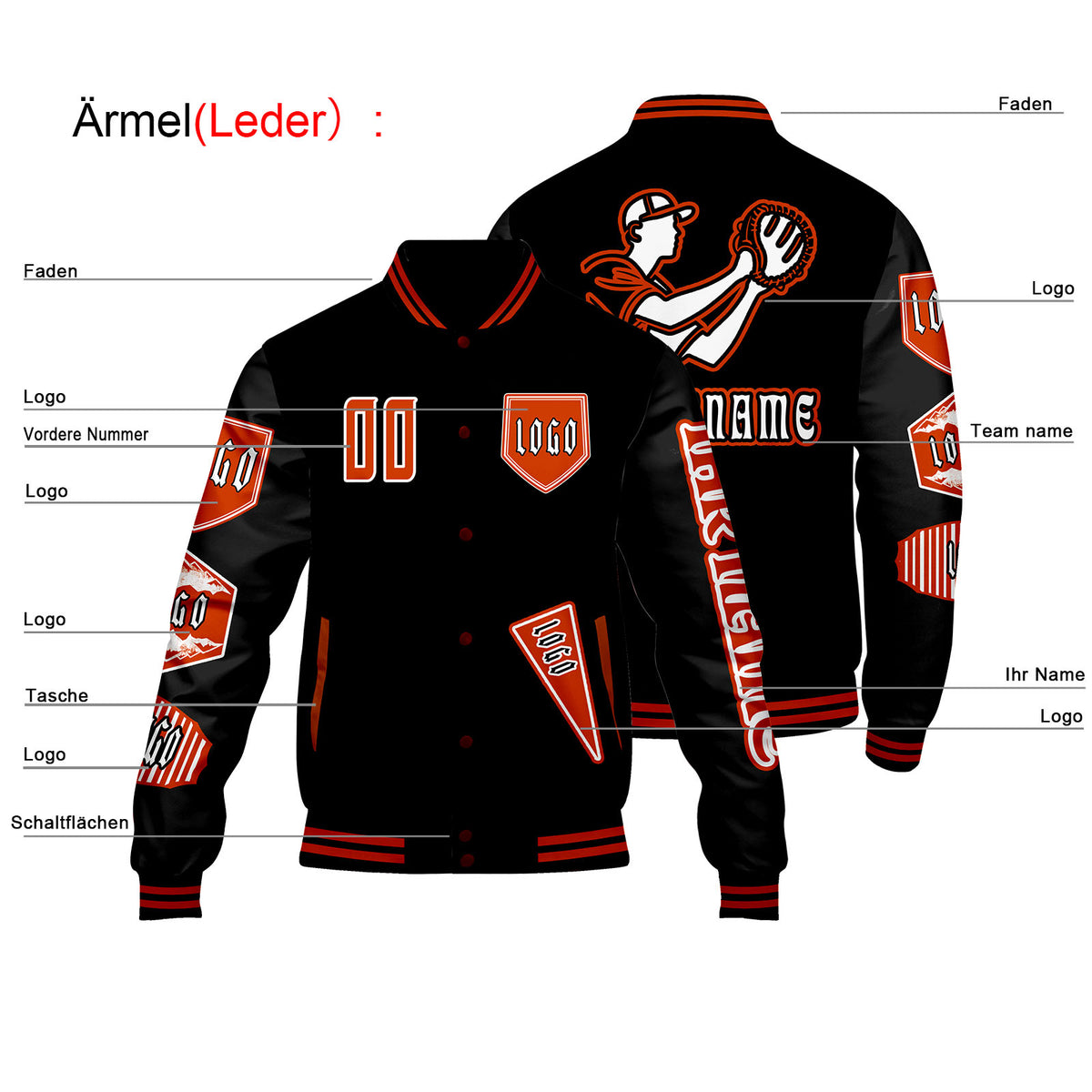Maßgeschneiderte Schwarz Letterman Varsity Jacket Individuelle Stickerei  Druck nach Ihrem Wunsch