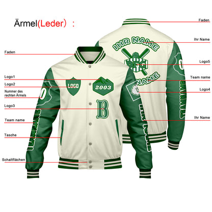 Maßgeschneiderte Weiß Grün Letterman Varsity Jacket Individuelle Stickerei  Druck nach Ihrem Wunsch