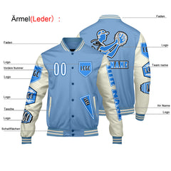 Maßgeschneiderte Blau Weiß Letterman Varsity Jacket Individuelle Stickerei  Druck nach Ihrem Wunsch