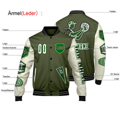 Maßgeschneiderte Olivengrün Weiß Letterman Varsity Jacket Individuelle Stickerei  Druck nach Ihrem Wunsch