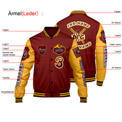 Maßgeschneiderte Rot Gelb Letterman Varsity Jacket Individuelle Stickerei  Druck nach Ihrem Wunsch