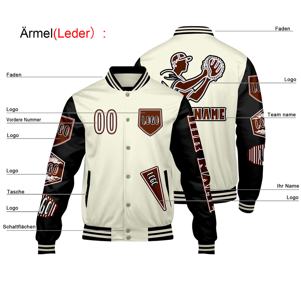 Maßgeschneiderte Weiß Schwarz Letterman Varsity Jacket Individuelle Stickerei  Druck nach Ihrem Wunsch