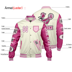 Maßgeschneiderte Weiß Rosa Letterman Varsity Jacket Individuelle Stickerei  Druck nach Ihrem Wunsch