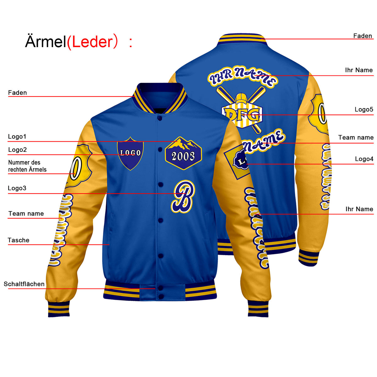 Maßgeschneiderte Blau Gelb Letterman Varsity Jacket Individuelle Stickerei  Druck nach Ihrem Wunsch