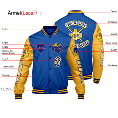 Maßgeschneiderte Blau Gelb Letterman Varsity Jacket Individuelle Stickerei  Druck nach Ihrem Wunsch