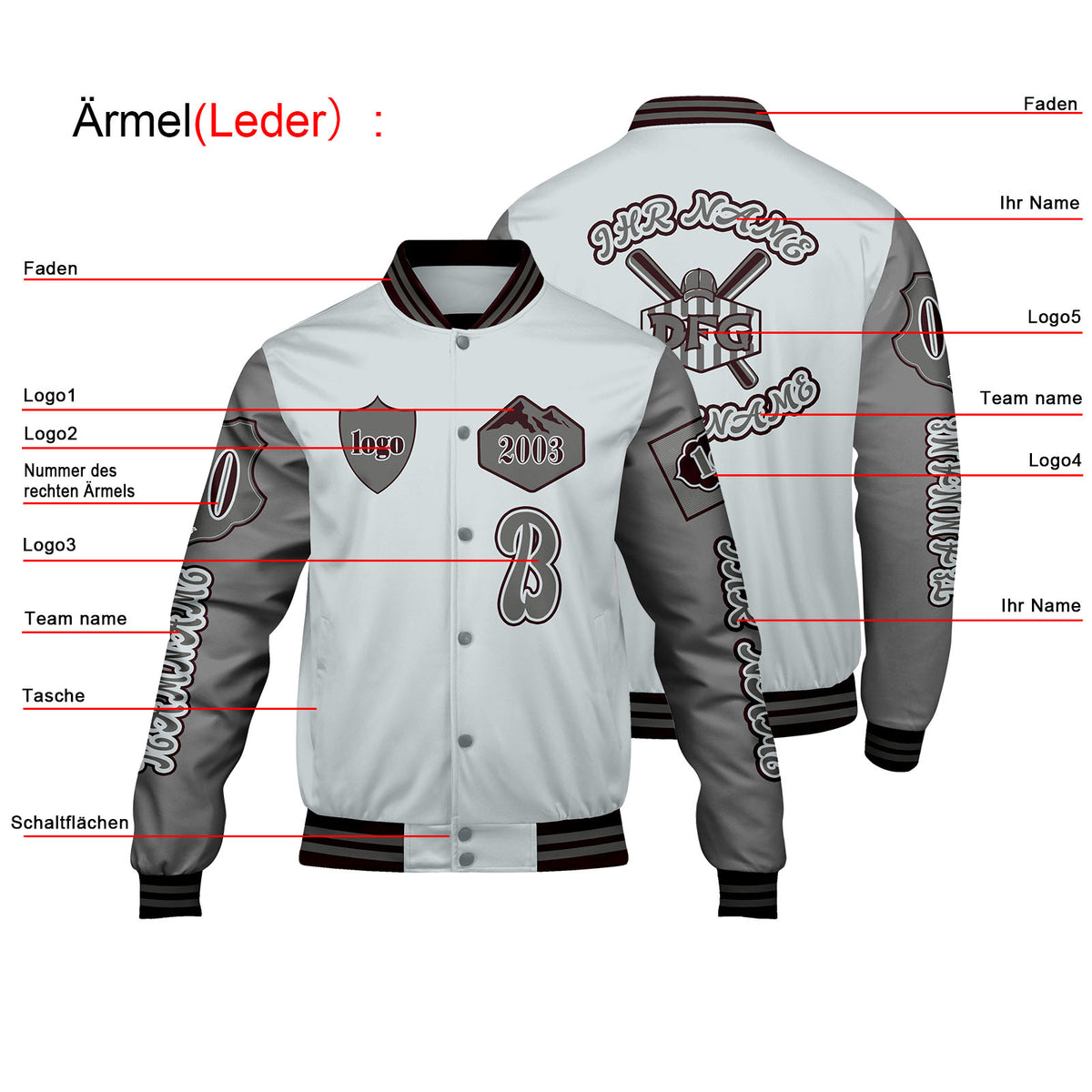 Maßgeschneiderte Grau Letterman Varsity Jacket Individuelle Stickerei  Druck nach Ihrem Wunsch