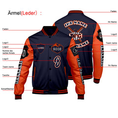 Maßgeschneiderte Marine Orange Letterman Varsity Jacket Individuelle Stickerei  Druck nach Ihrem Wunsch
