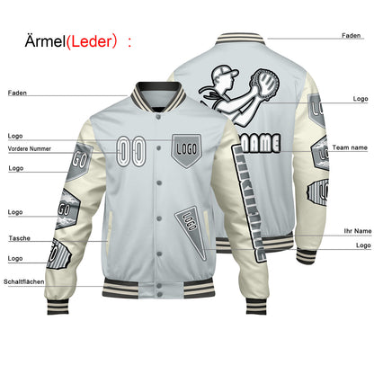 Maßgeschneiderte Grau Weiß Letterman Varsity Jacket Individuelle Stickerei  Druck nach Ihrem Wunsch