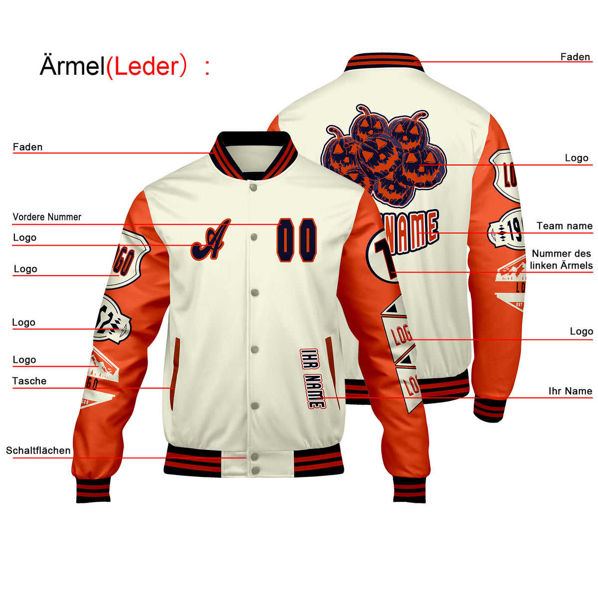 Maßgeschneiderte Weiß Orange Letterman Varsity Jacket Individuelle Stickerei  Druck nach Ihrem Wunsch