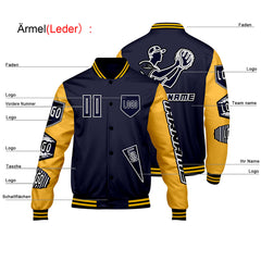 Maßgeschneiderte Marine Gelb Letterman Varsity Jacket Individuelle Stickerei  Druck nach Ihrem Wunsch