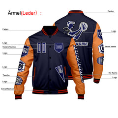 Maßgeschneiderte Marine Orange Letterman Varsity Jacket Individuelle Stickerei  Druck nach Ihrem Wunsch