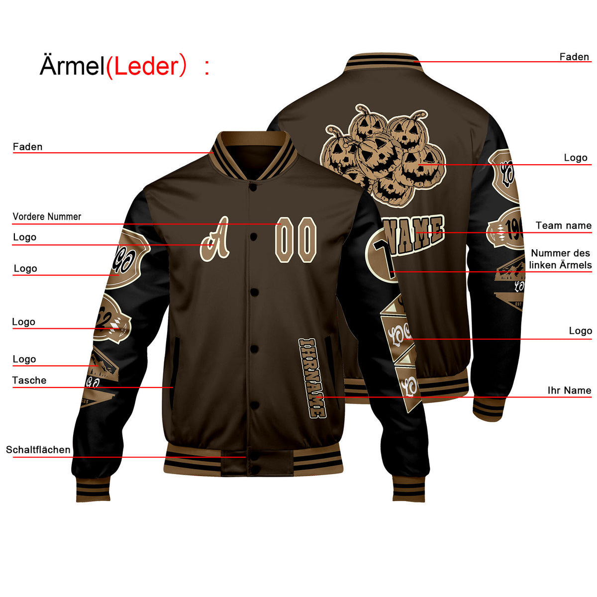 Maßgeschneiderte Braun Schwarz Letterman Varsity Jacket Individuelle Stickerei  Druck nach Ihrem Wunsch