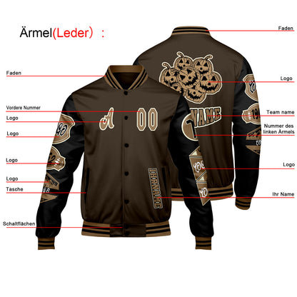 Maßgeschneiderte Braun Schwarz Letterman Varsity Jacket Individuelle Stickerei  Druck nach Ihrem Wunsch