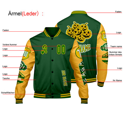 Maßgeschneiderte Grün Gelb Letterman Varsity Jacket Individuelle Stickerei  Druck nach Ihrem Wunsch