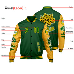Maßgeschneiderte Grün Gelb Letterman Varsity Jacket Individuelle Stickerei  Druck nach Ihrem Wunsch