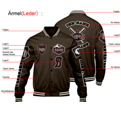 Maßgeschneiderte Braun Letterman Varsity Jacket Individuelle Stickerei  Druck nach Ihrem Wunsch