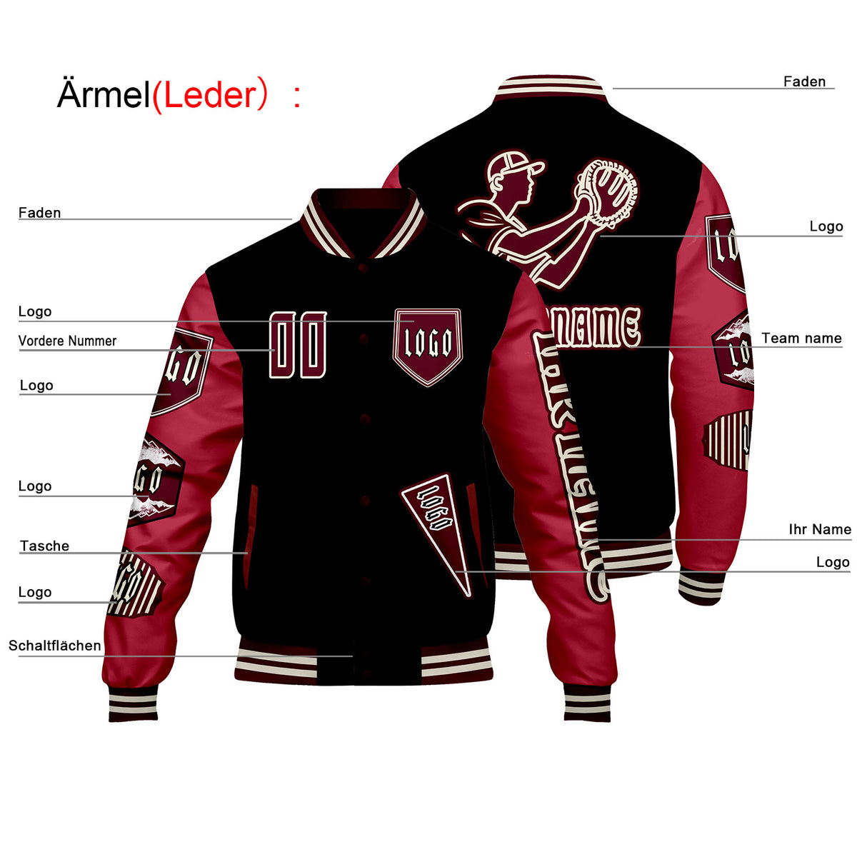 Maßgeschneiderte Schwarz Rot Letterman Varsity Jacket Individuelle Stickerei  Druck nach Ihrem Wunsch