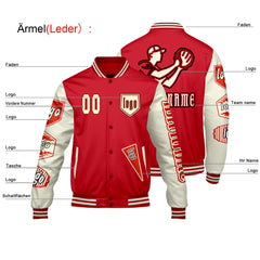 Maßgeschneiderte Rot Beige Letterman Varsity Jacket Individuelle Stickerei  Druck nach Ihrem Wunsch