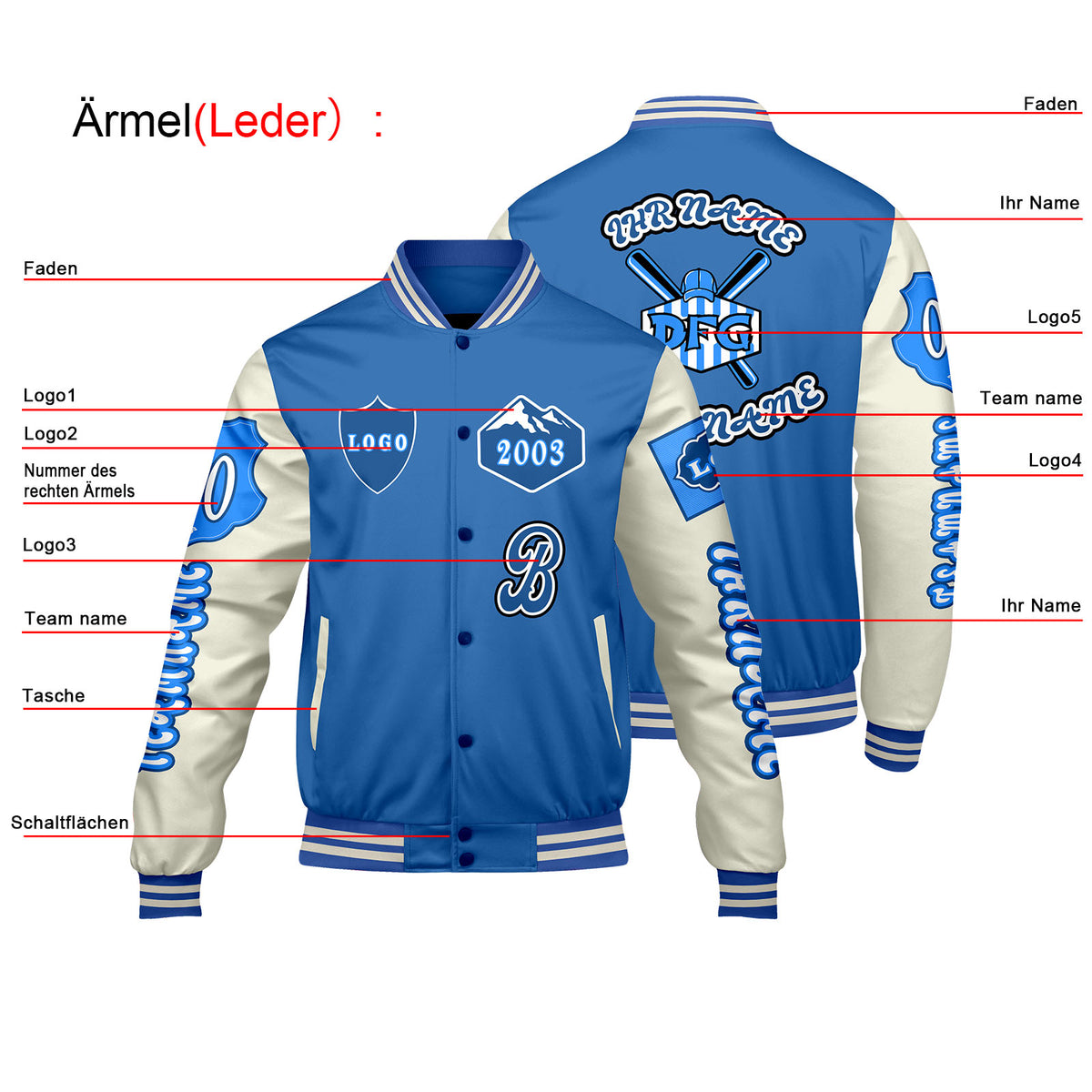 Maßgeschneiderte Blau Weiß Letterman Varsity Jacket Individuelle Stickerei  Druck nach Ihrem Wunsch