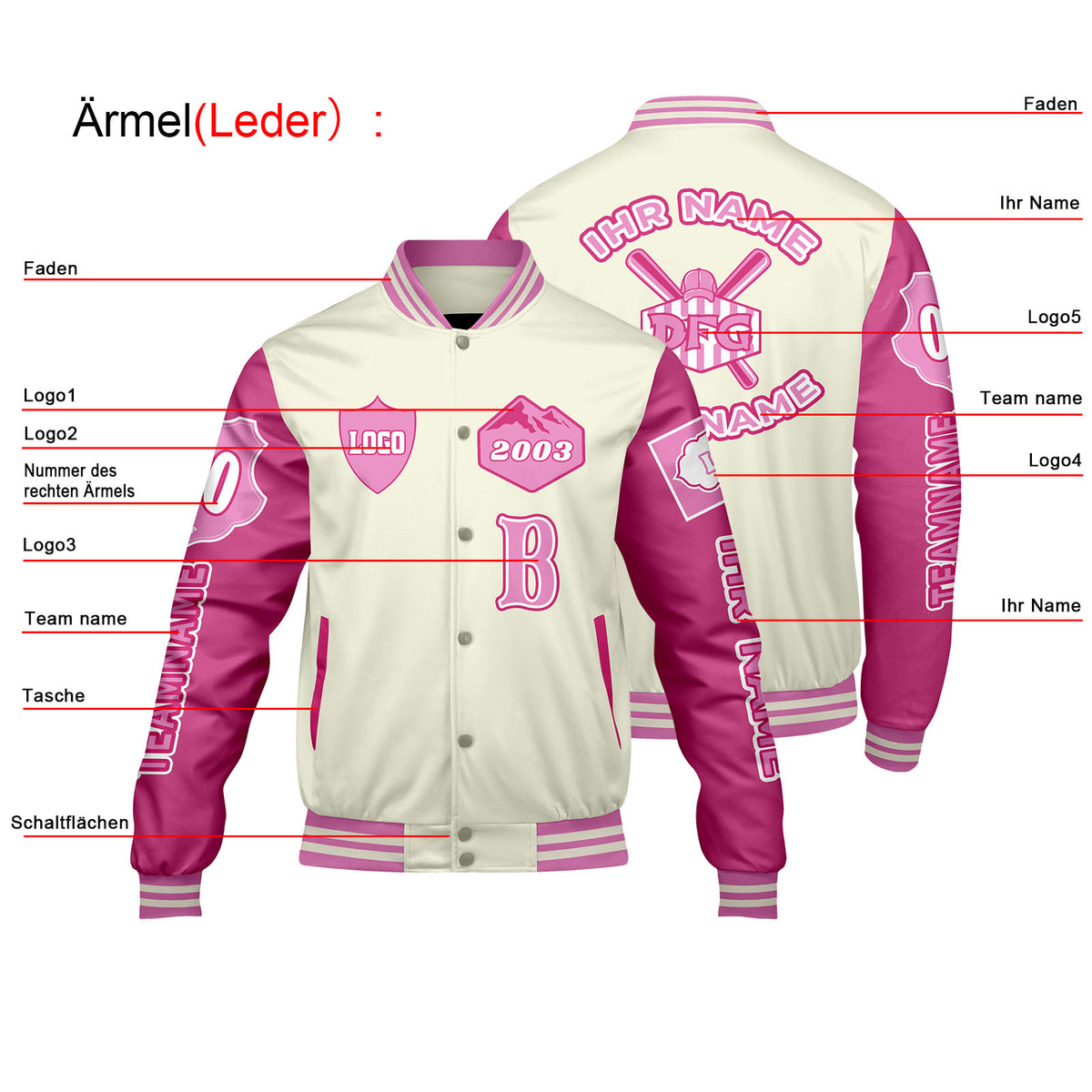 Maßgeschneiderte Weiß Rosa Letterman Varsity Jacket Individuelle Stickerei  Druck nach Ihrem Wunsch
