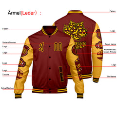Maßgeschneiderte Burgund Gelb Letterman Varsity Jacket Individuelle Stickerei  Druck nach Ihrem Wunsch
